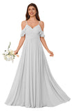 Women's Long Chiffon Bridesmaid Dresses Ruffle V Neck Formal Evening Prom Gown Spaghetti Strap Maxi Wedding Guest Dress