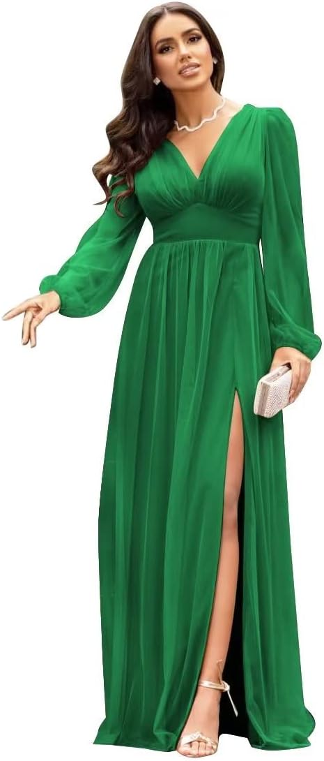 Langärmlige Brautjungfernkleider für Hochzeiten, V-Ausschnitt, formelles Kleid mit Schlitz, Chiffon-Ballkleid