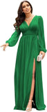 Langärmlige Brautjungfernkleider für Hochzeiten, V-Ausschnitt, formelles Kleid mit Schlitz, Chiffon-Ballkleid