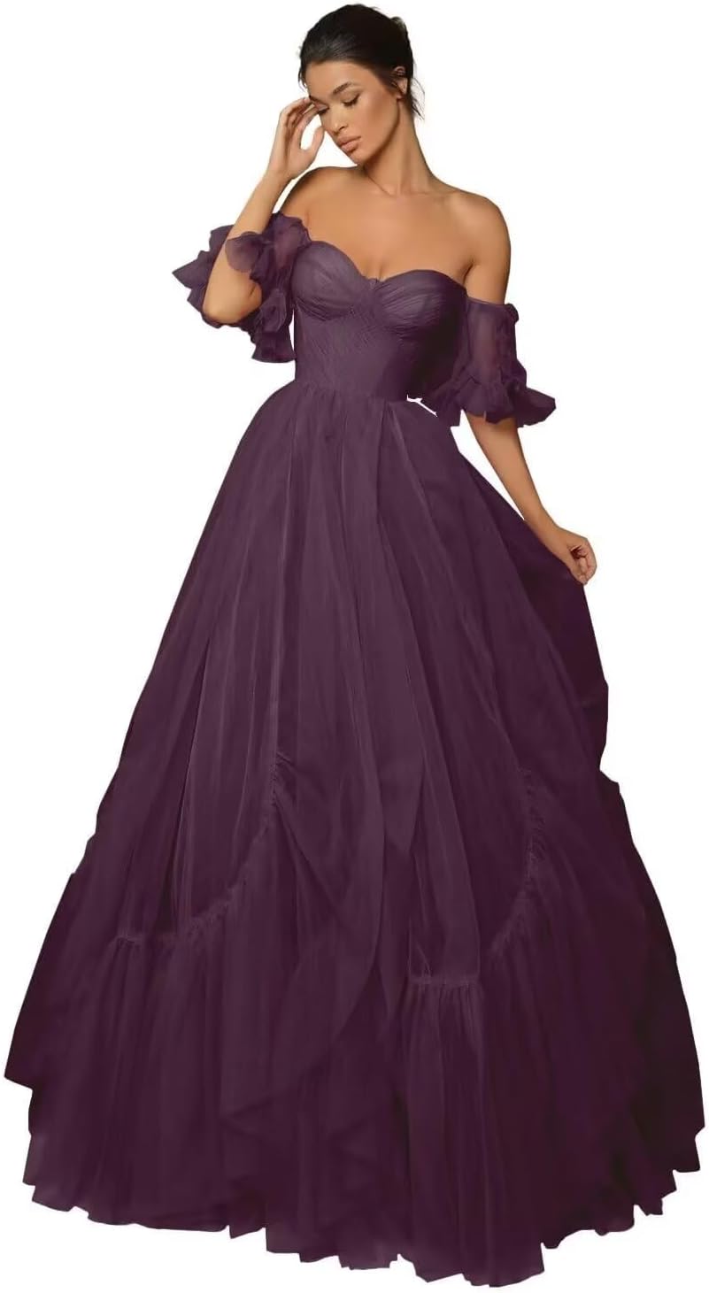 A-line Ruffled Short Sleeve Tulle Prom Dress for Women, Sweetheart Formal Gown Off The Shoulder Long Party Dress