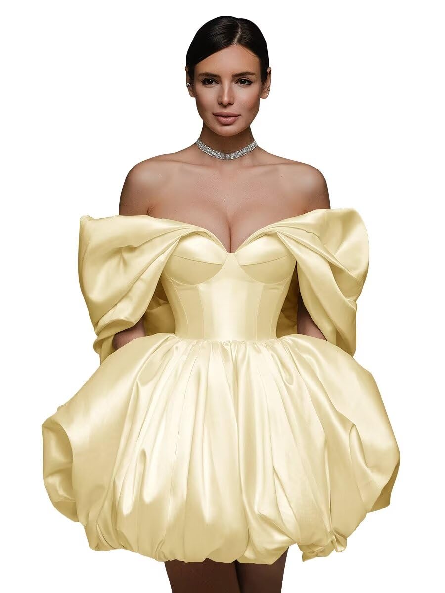 Off The Shoulder Short Wedding Dresses for Bride Puffy Satin Bridal Dresses w/Pockets Strapless Formal Ball Gowns