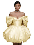Off The Shoulder Short Wedding Dresses for Bride Puffy Satin Bridal Dresses w/Pockets Strapless Formal Ball Gowns