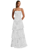 Ruffle Floral Embroidery Prom Dress Long A Line Tiered Bridesmaid Dresses Formal Evening Gowns