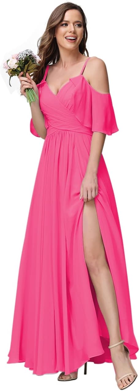 Women's Long Spaghetti Straps Bridesmaid Dress with Slit Off Shoulder Chiffon Formal Party Gowns