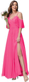 Women's Long Spaghetti Straps Bridesmaid Dress with Slit Off Shoulder Chiffon Formal Party Gowns