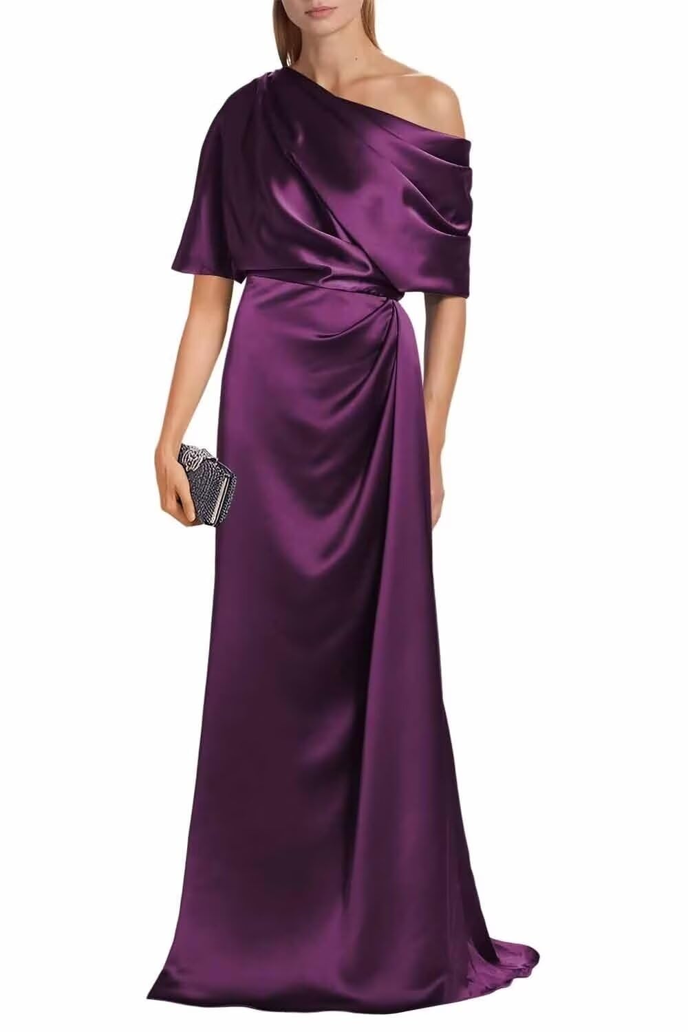 Satin Mother of The Bride Dresses for Wedding One Shoulder Formal Dress with Sleeves Mermaid Evening Party Gowns