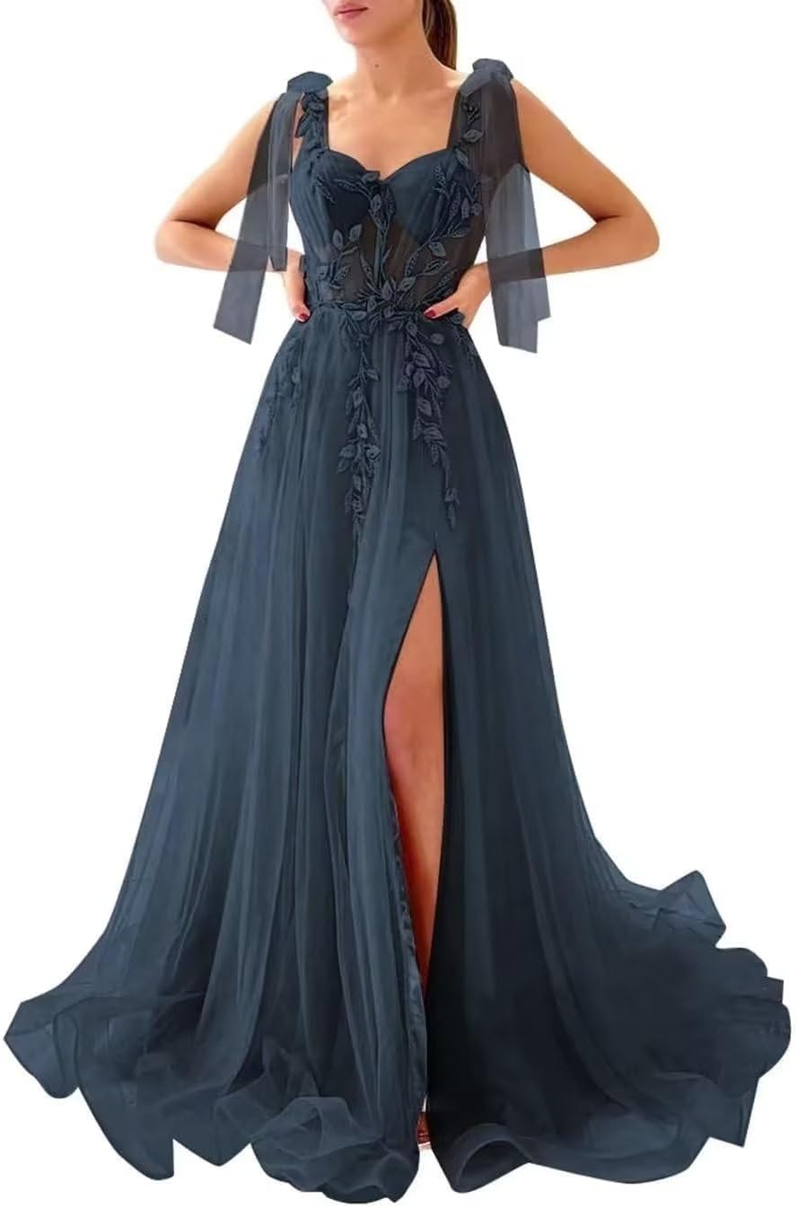 Appliques Tulle Lace Prom Dresses with Slit Spaghetti Straps Formal Evening Dress Sweetheart Ball Gowns