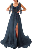 Appliques Tulle Lace Prom Dresses with Slit Spaghetti Straps Formal Evening Dress Sweetheart Ball Gowns