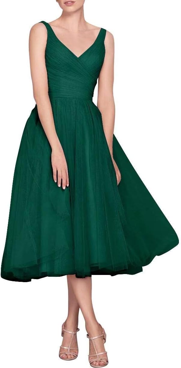 Tea Length A-Line V Neck Formal Evening Party Gowns for Women Sleeveless Puffy Midi Tulle Cocktail Prom Dress