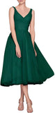 Tea Length A-Line V Neck Formal Evening Party Gowns for Women Sleeveless Puffy Midi Tulle Cocktail Prom Dress