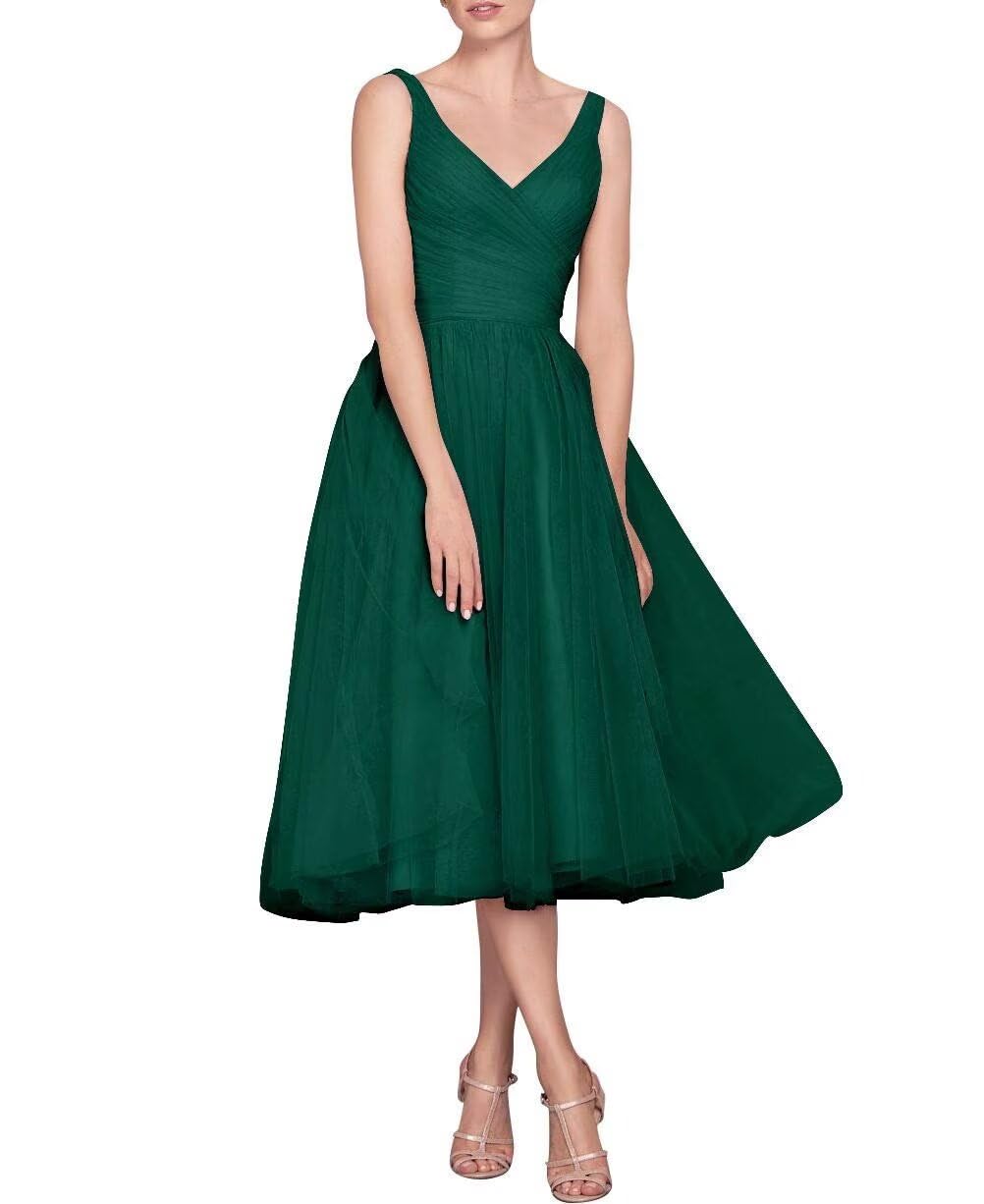 Tea Length A-Line V Neck Formal Evening Party Gowns for Women Sleeveless Puffy Midi Tulle Cocktail Prom Dress