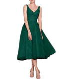 Tea Length A-Line V Neck Formal Evening Party Gowns for Women Sleeveless Puffy Midi Tulle Cocktail Prom Dress