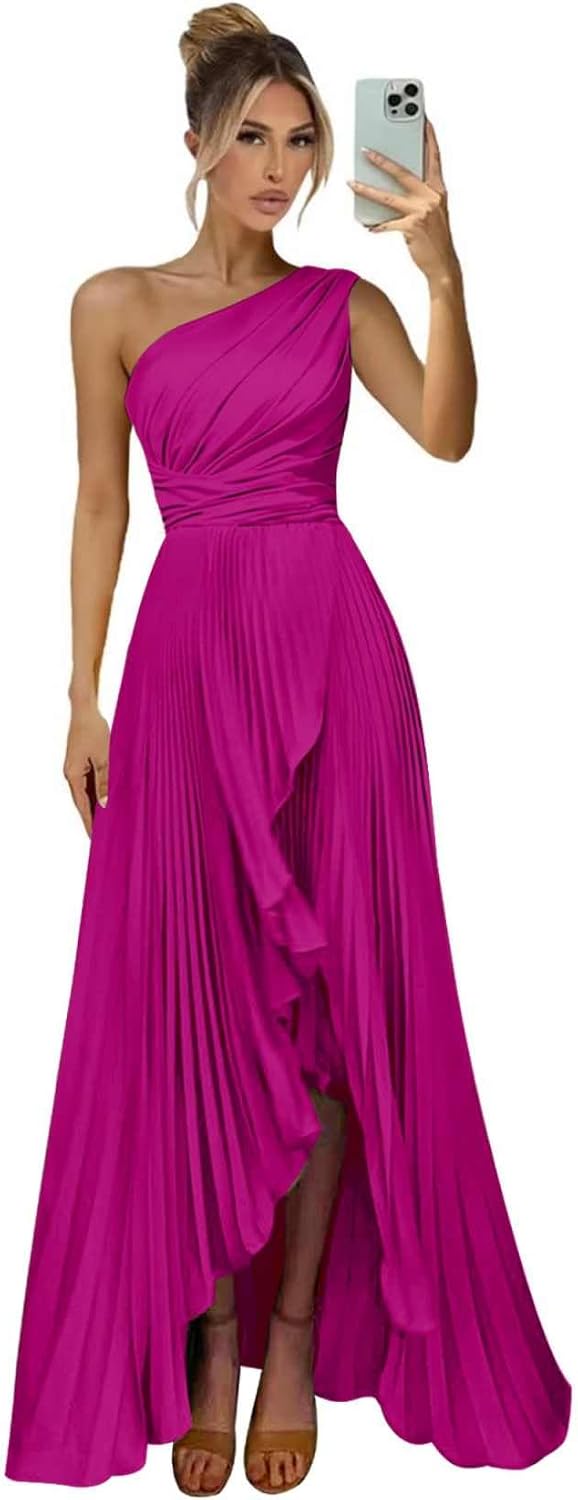 One Shoulder Bridesmaid Dresses for Women Satin Pleated Long A Line Formal Prom Evening Party Dress with Slit