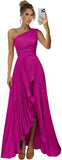 One Shoulder Bridesmaid Dresses for Women Satin Pleated Long A Line Formal Prom Evening Party Dress with Slit