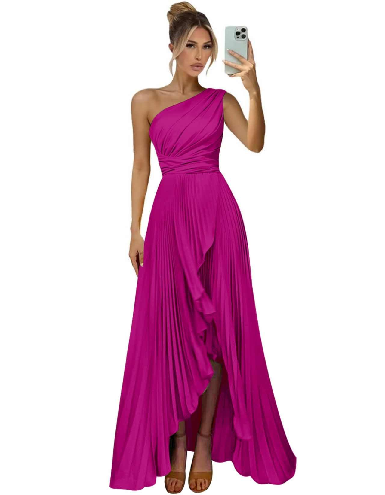 One Shoulder Bridesmaid Dresses for Women Satin Pleated Long A Line Formal Prom Evening Party Dress with Slit