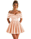 Off Shoulder Satin Homecoming Dresses for Teens 2026 Short Prom Dress A-line Pleated Cocktail Party Gowns