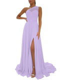 One Shoulder Chiffon Bridesmaid Dresses for Wedding 2026 Lace A-Line Slit Formal Evening Party Gown with Pockets