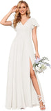 Flutter Sleeves Split Bridesmaid Dresses with Slit Long V Neck Empire Waist Formal Dress for Women Wedding