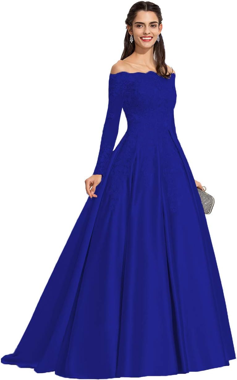 Vestidos de fiesta formales de satén con apliques de encaje y hombros descubiertos para mujer, con mangas largas