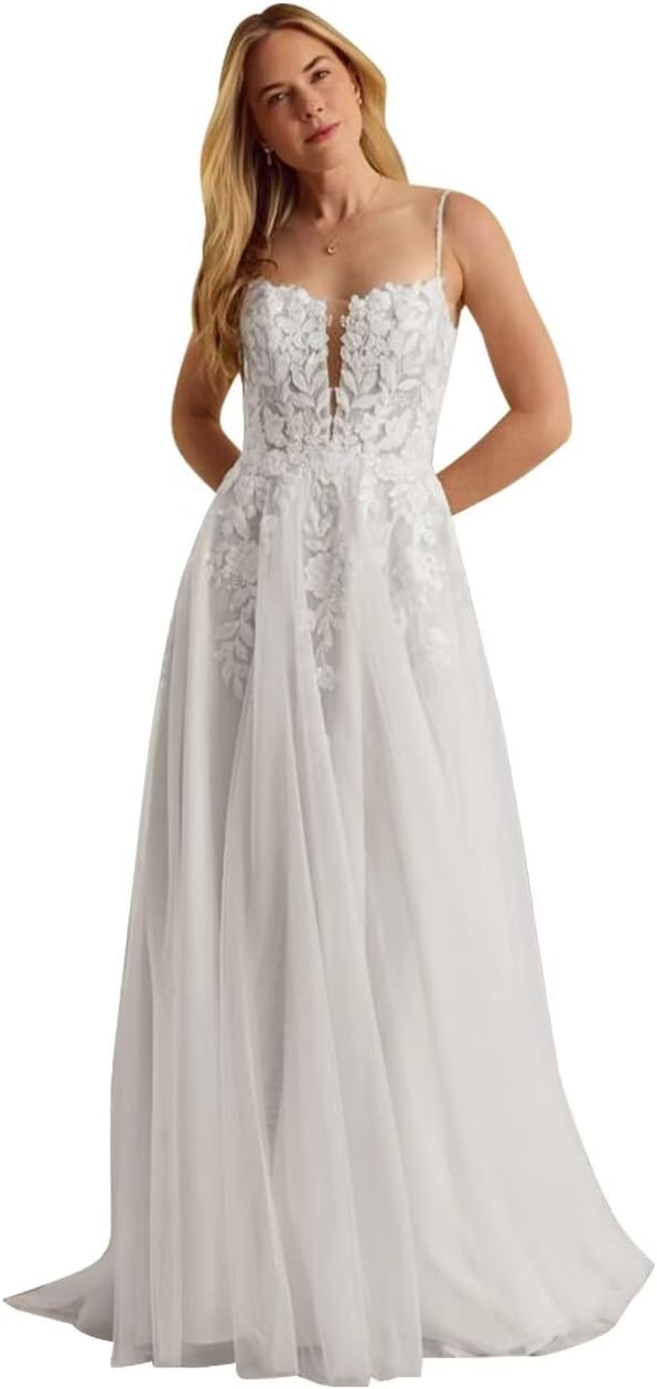 Kingbridal Gowns Lace Appliques Wedding Dresses for Bride Long V Neck Tulle Chiffon A-line Sleeveless Bridal Ball Gown for Women