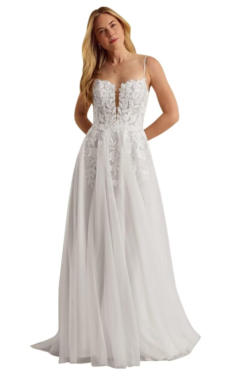 Kingbridal Gowns Lace Appliques Wedding Dresses for Bride Long V Neck Tulle Chiffon A-line Sleeveless Bridal Ball Gown for Women