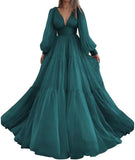 Langes Ballkleid mit Puffärmeln, Tüll, Ballkleid für Damen, Brautkleider, V-Ausschnitt, formelle Abendkleider