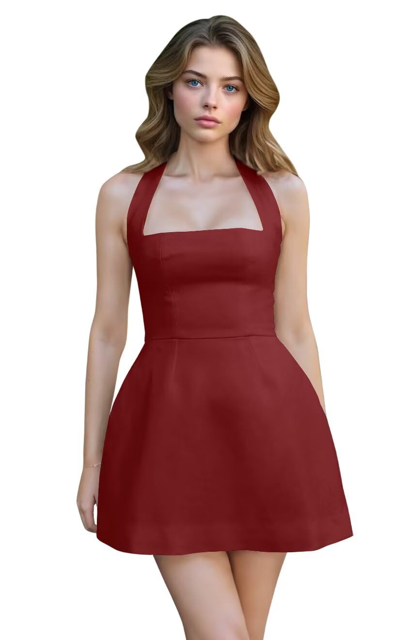 Satin Halter Homecoming Dresses for Teens Short Prom Dress 2027 Mini Formal Evening Cocktail Gowns with Pockets