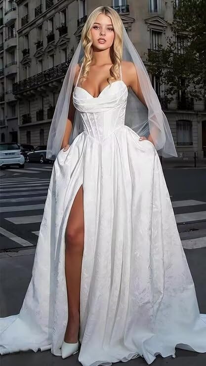 Satin Spaghetti Straps Prom Dresses for Women Jacquard Aline Backless Formal Evening Party Ball Gowns with Pockets