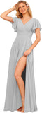 V Neck Bridesmaid Dresses for Women with Slit 2025 Flutter Sleeve Chiffon Pleats Formal Dress with Pockets