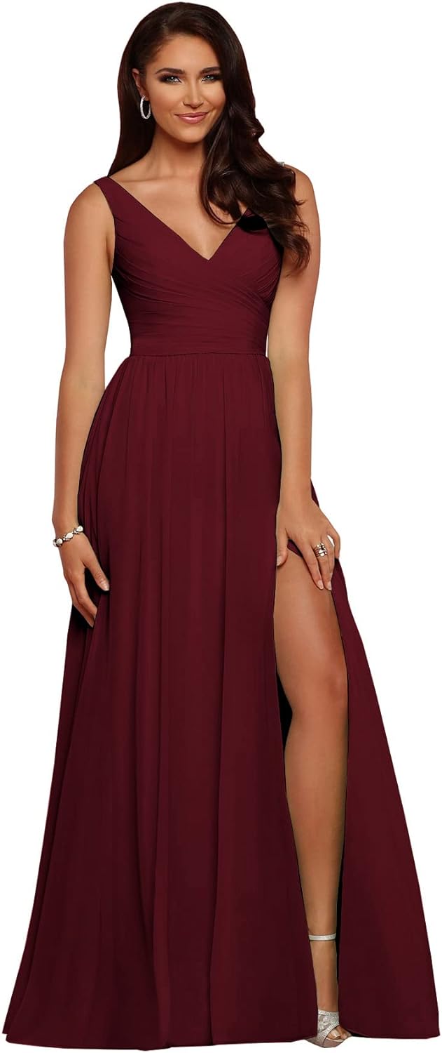Vestidos de dama de honor largos con escote en V y abertura en gasa, corte A, plisados, para noche, fiesta formal