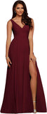 Vestidos de dama de honor largos con escote en V y abertura en gasa, corte A, plisados, para noche, fiesta formal