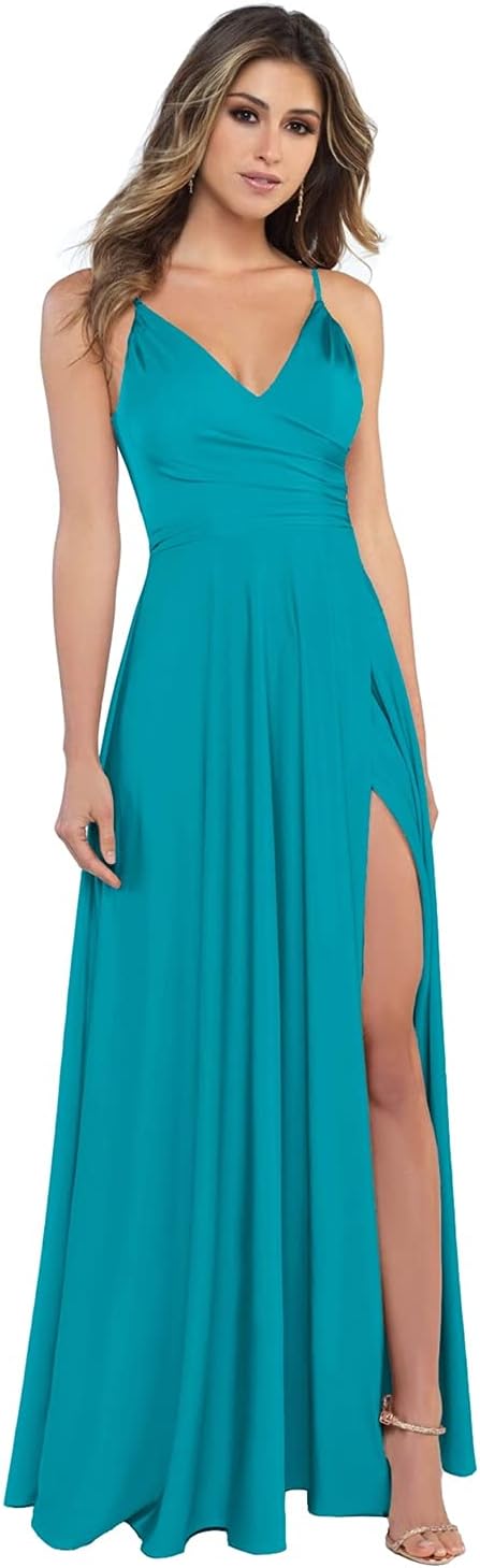 Damen-Brautjungfernkleider aus Satin mit V-Ausschnitt und Schlitz, Spaghettiträgern, formelle Ballkleider mit Taschen 