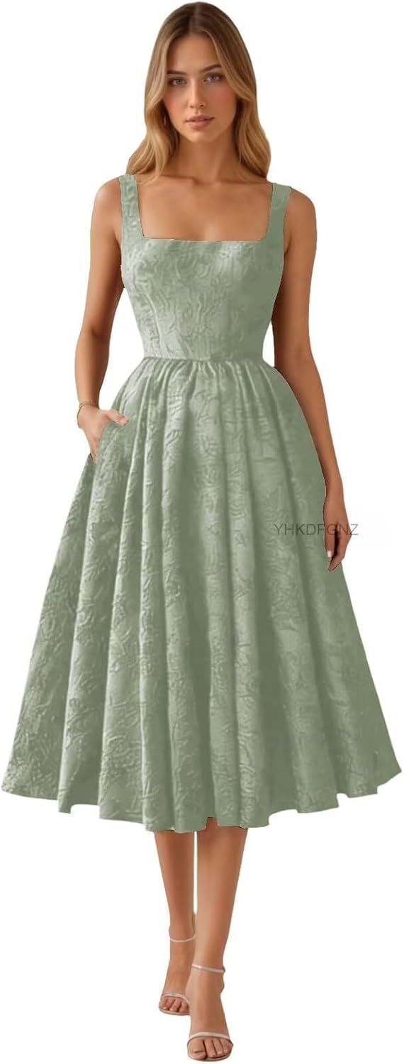 Floral Jacquard Satin Prom Dresses for Women Tea Length Formal Evening Party Dress with Pockets