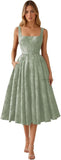 Floral Jacquard Satin Prom Dresses for Women Tea Length Formal Evening Party Dress with Pockets
