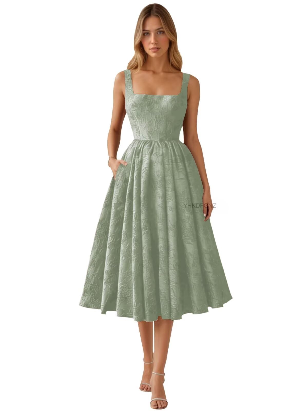 Floral Jacquard Satin Prom Dresses for Women Tea Length Formal Evening Party Dress with Pockets