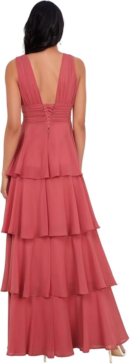 V Neck Chiffon Bridesmaid Dresses for Women 2027 Long Tiered A-Line Ruffles Formal Evening Party Dress