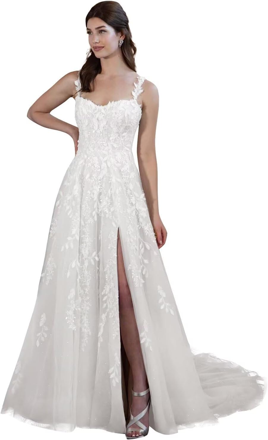 Kingbridal Gowns Lace Appliques Wedding Dresses for Bride Long V Neck Tulle Chiffon A-line Sleeveless Bridal Ball Gown for Women