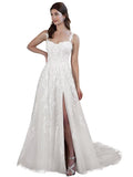 Kingbridal Gowns Lace Appliques Wedding Dresses for Bride Long V Neck Tulle Chiffon A-line Sleeveless Bridal Ball Gown for Women