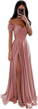 Women's Off Shoulder Satin Bridesmaid Dresses Long Ruched Mermaid Formal Dresses with Slit