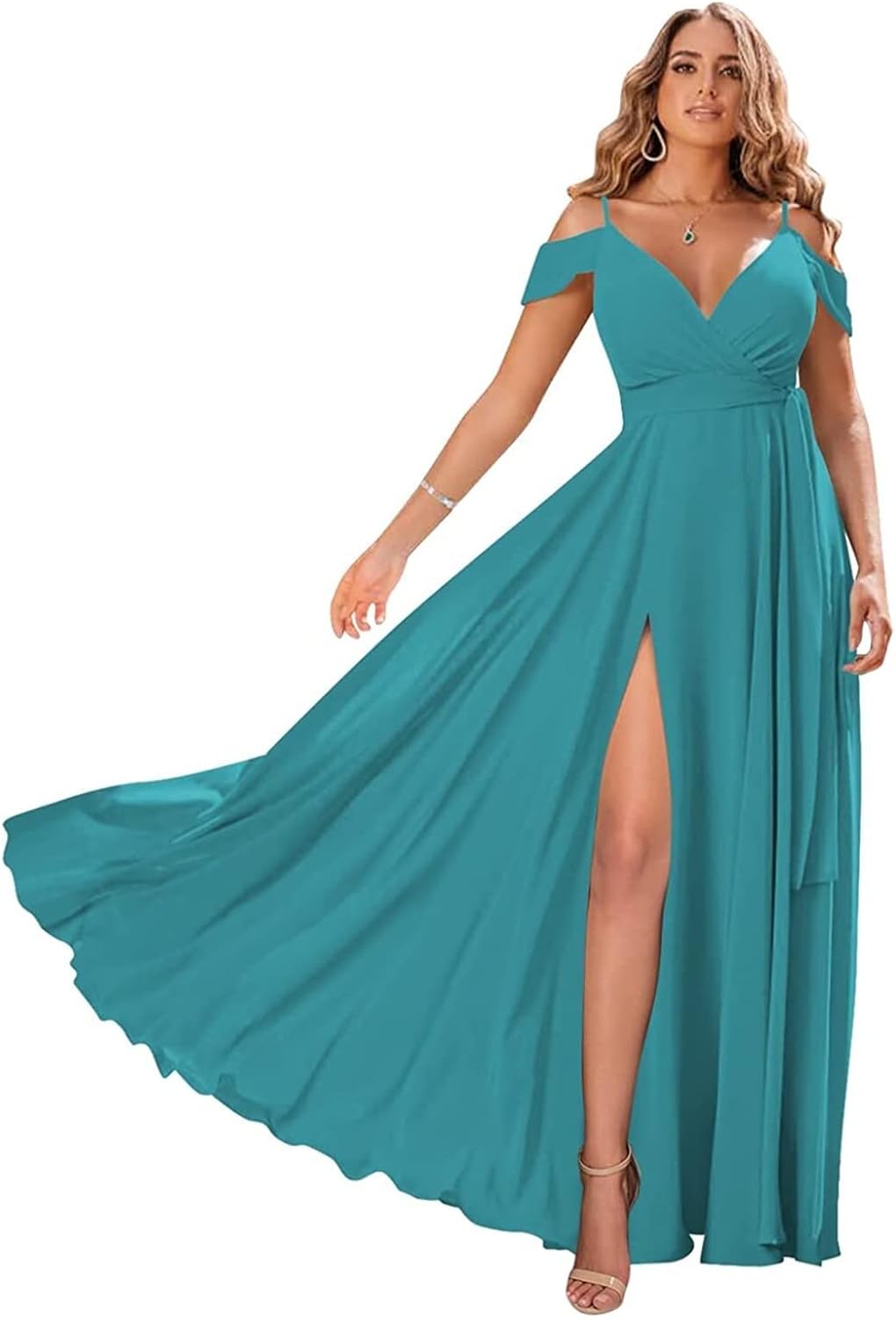 Schulterfreie Brautjungfernkleider 2025 für Frauen, langes Chiffon-Abendkleid mit V-Ausschnitt und Schlitz