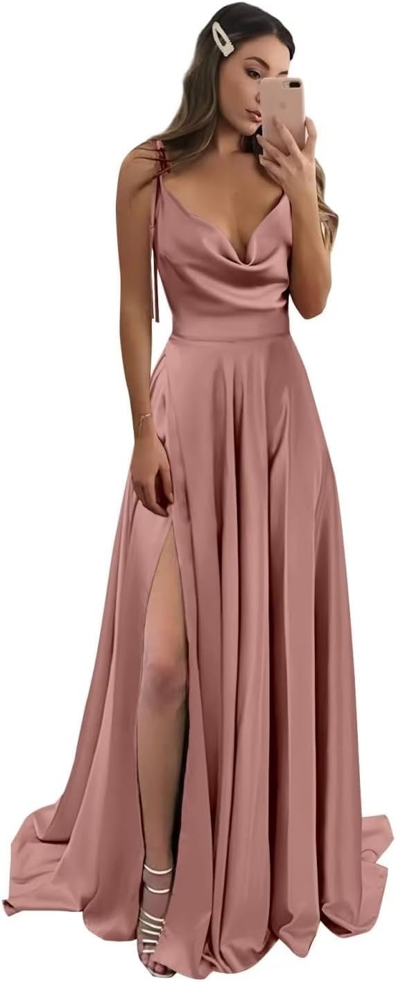 Vestidos de fiesta largos de satén con abertura alta para mujer, 2024, tirantes finos ajustables, vestidos de fiesta formales con bolsillos 