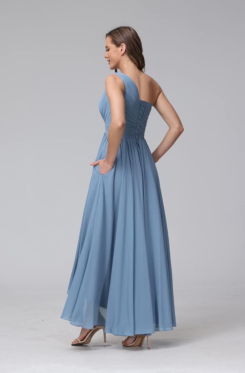 Vestido de dama de honor de un solo hombro para mujer, vestido formal de noche de gasa con bolsillos y corte alto bajo