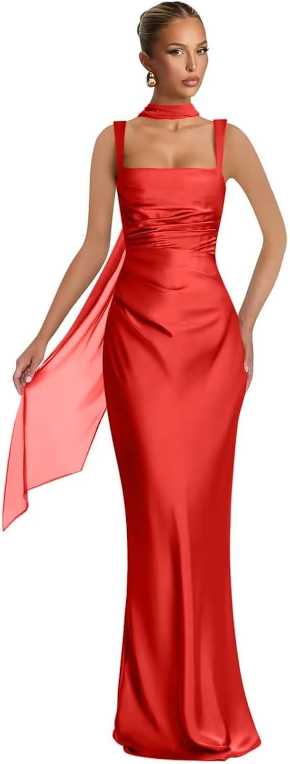 Mermaid Bridesmaid Dresses with Scarf 2027 Long Satin Spaghetti Straps Ruched Formal Evening Party Dress for Women