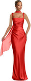 Mermaid Bridesmaid Dresses with Scarf 2027 Long Satin Spaghetti Straps Ruched Formal Evening Party Dress for Women
