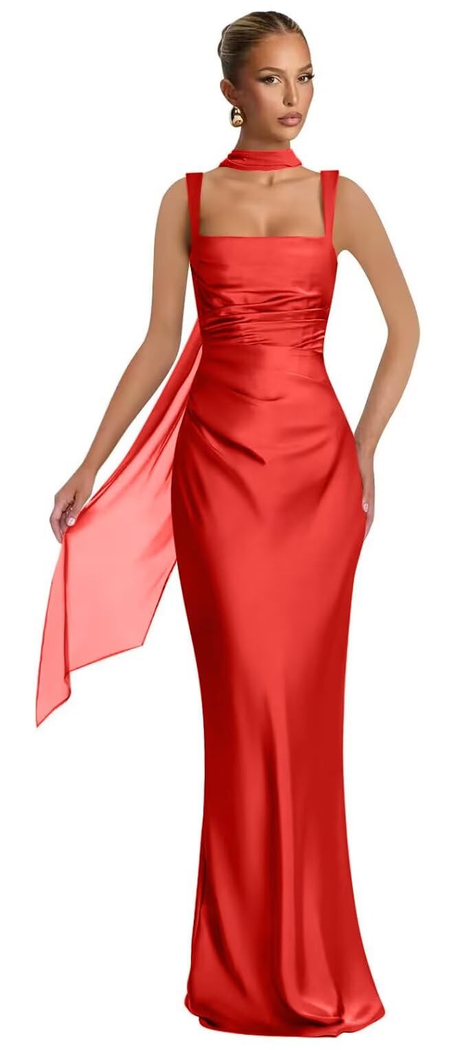 Mermaid Bridesmaid Dresses with Scarf 2027 Long Satin Spaghetti Straps Ruched Formal Evening Party Dress for Women