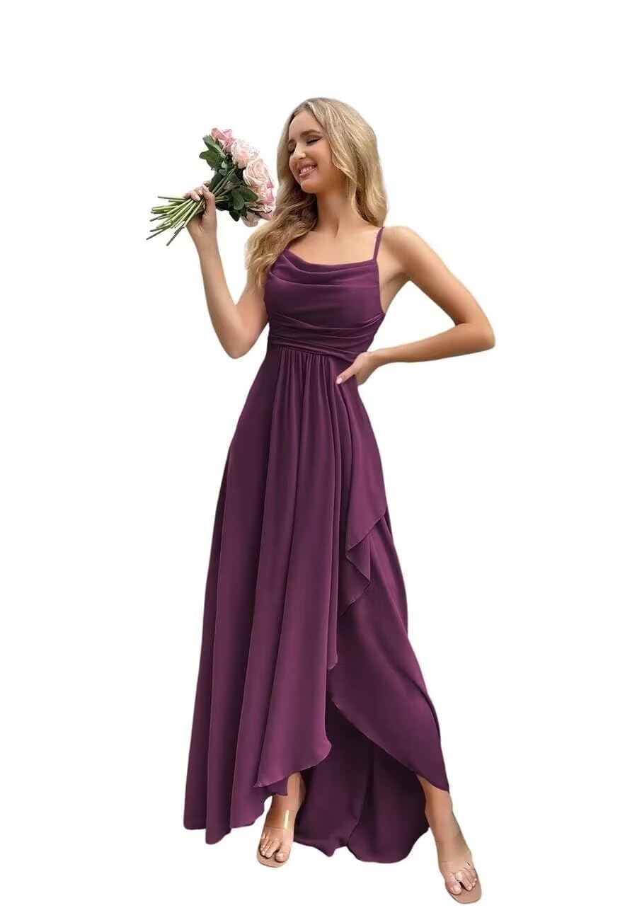 Spaghetti Strap Chiffon Bridesmaid Dresses for Women Long Ruched A-Line Cowl Neck Formal Evening Gowns with Slit