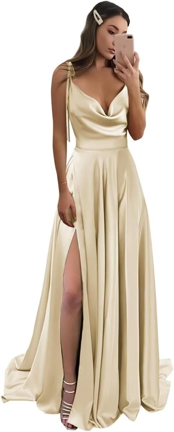 Vestidos de fiesta largos de satén con abertura alta para mujer, 2024, tirantes finos ajustables, vestidos de fiesta formales con bolsillos 