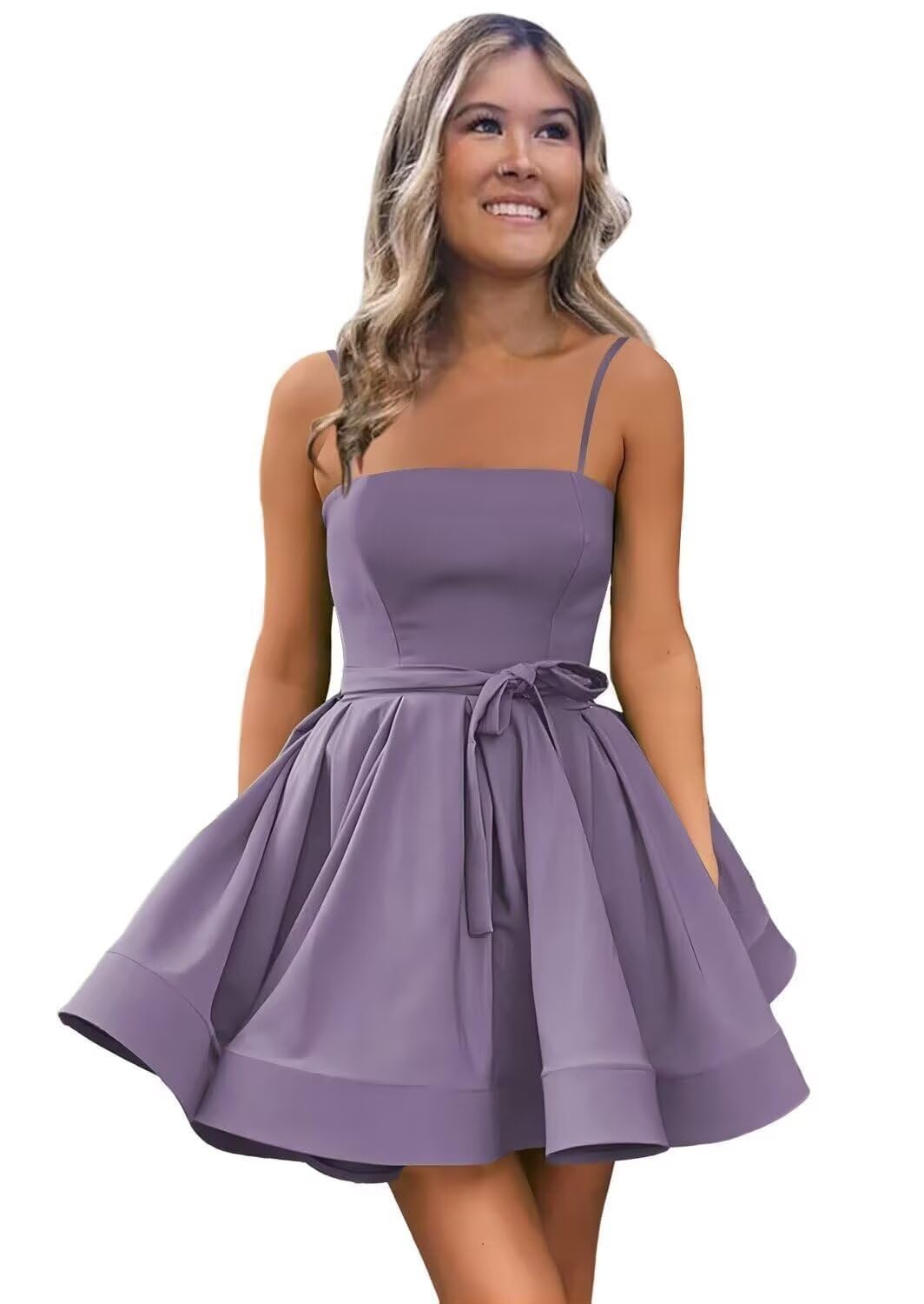 Women’s Short Satin Spaghetti Straps Formal Homecoming Dresses A Line Corset Puffy Prom Gown with Pockets for Teens
