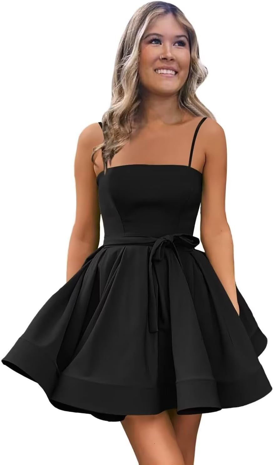 Women’s Short Satin Spaghetti Straps Formal Homecoming Dresses A Line Corset Puffy Prom Gown with Pockets for Teens