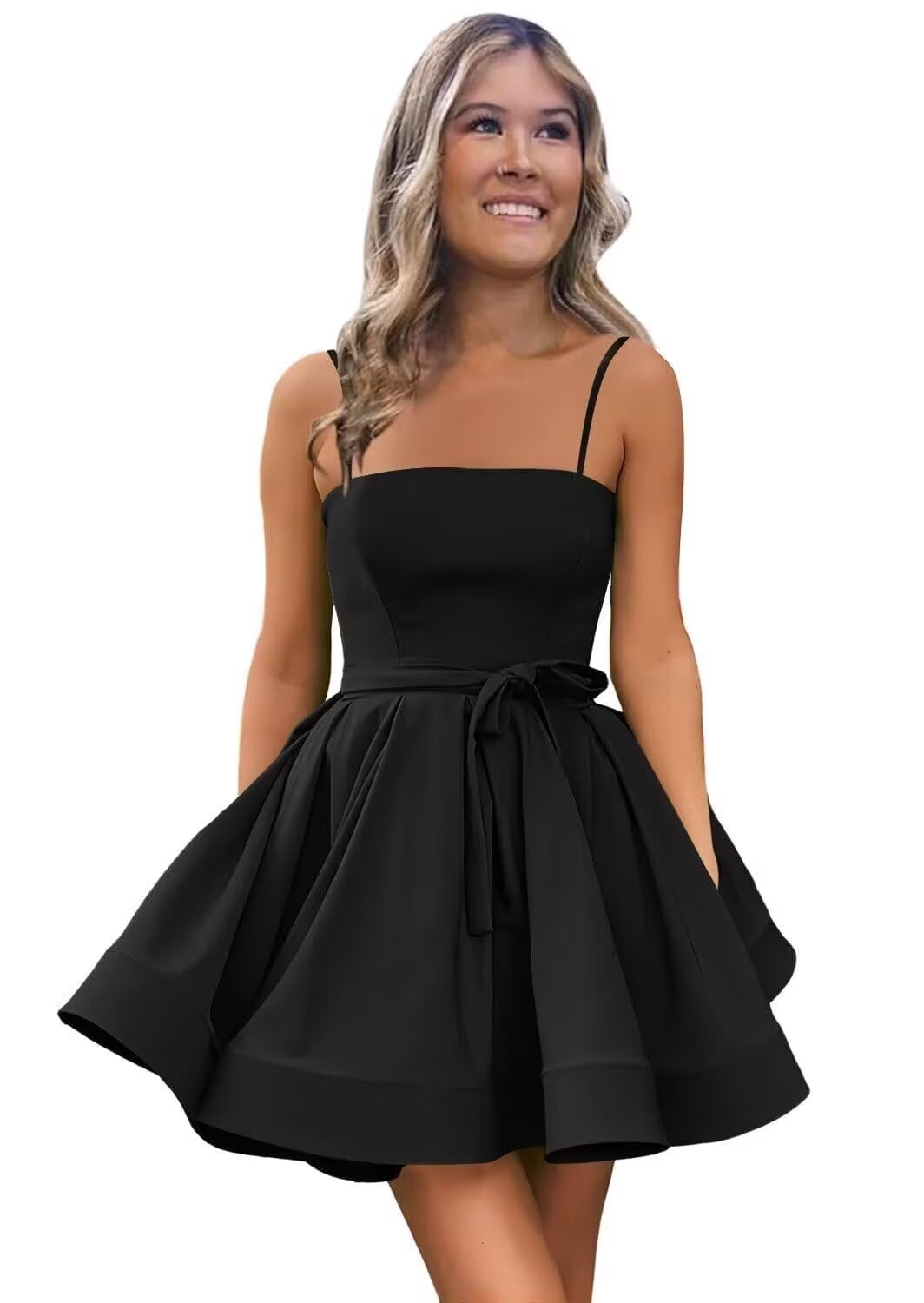 Women’s Short Satin Spaghetti Straps Formal Homecoming Dresses A Line Corset Puffy Prom Gown with Pockets for Teens